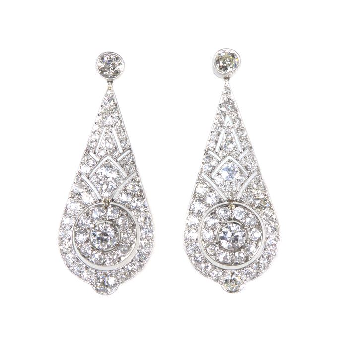 Pair of diamond teardrop panel pendant earrings | MasterArt
